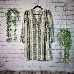 CABI PRINT TUNIC CREAM WITH BLACK PRINT 3/4 SLEEVE WOMENS SIZE MED